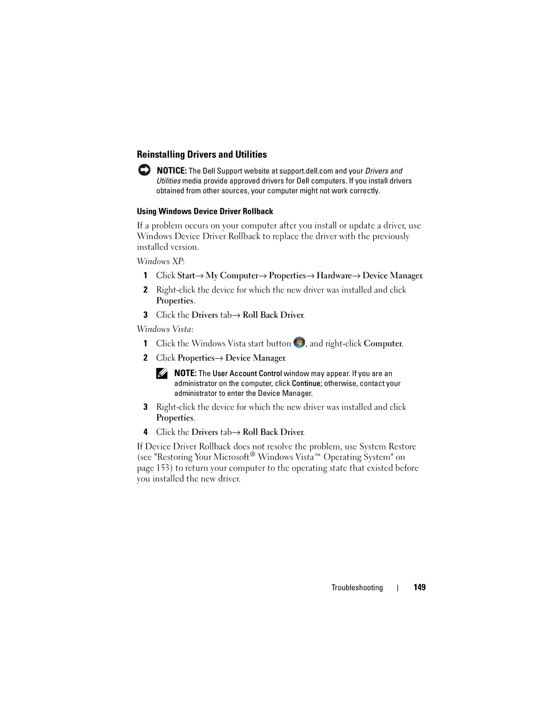 Dell PP26L owner manual Reinstalling Drivers and Utilities, Using Windows Device Driver Rollback, 149 