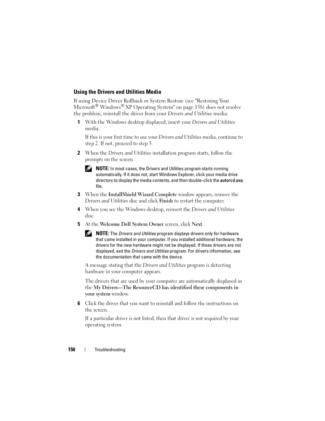 Dell PP26L owner manual Using the Drivers and Utilities Media, At the Welcome Dell System Owner screen, click Next, 150 