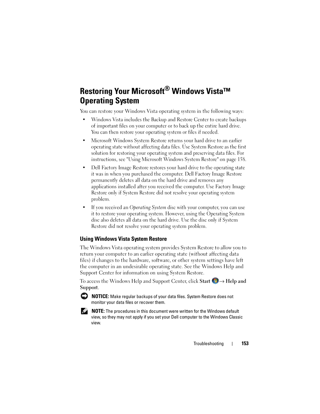 Dell PP26L owner manual Restoring Your Microsoft Windows Vista Operating System, Using Windows Vista System Restore, 153 