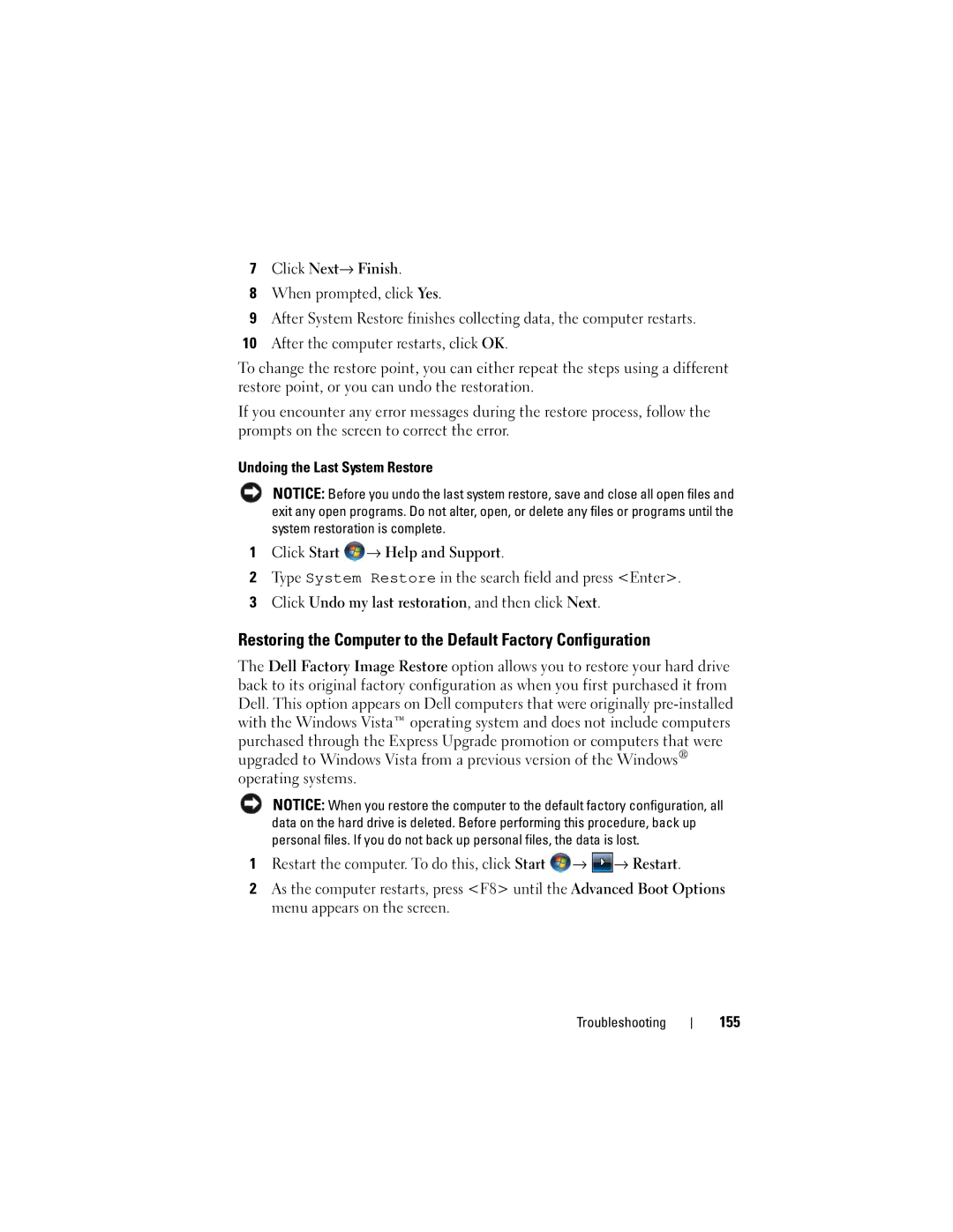 Dell PP26L owner manual Restoring the Computer to the Default Factory Configuration, Click Next→ Finish, 155 