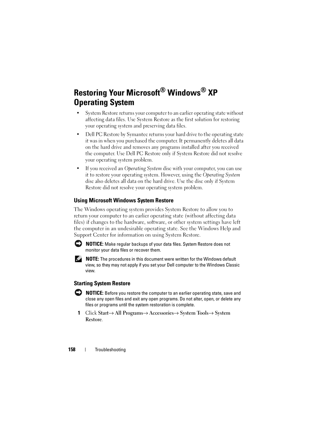 Dell PP26L owner manual Restoring Your Microsoft Windows XP Operating System, Using Microsoft Windows System Restore 