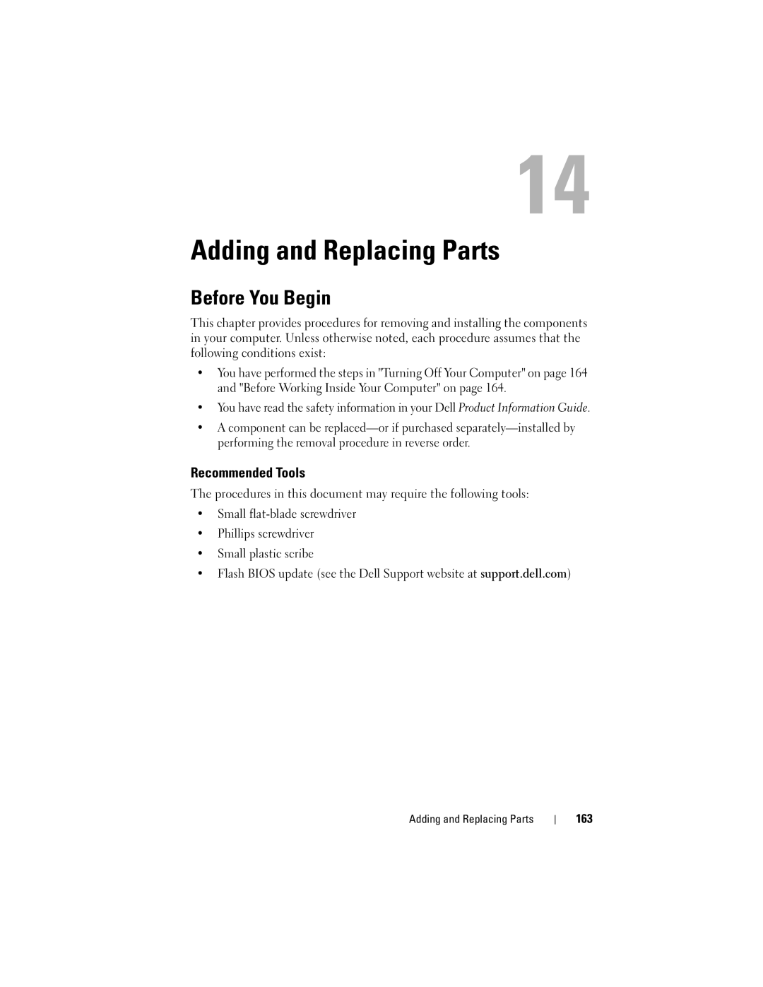 Dell PP26L owner manual Adding and Replacing Parts, Before You Begin, Recommended Tools, 163 