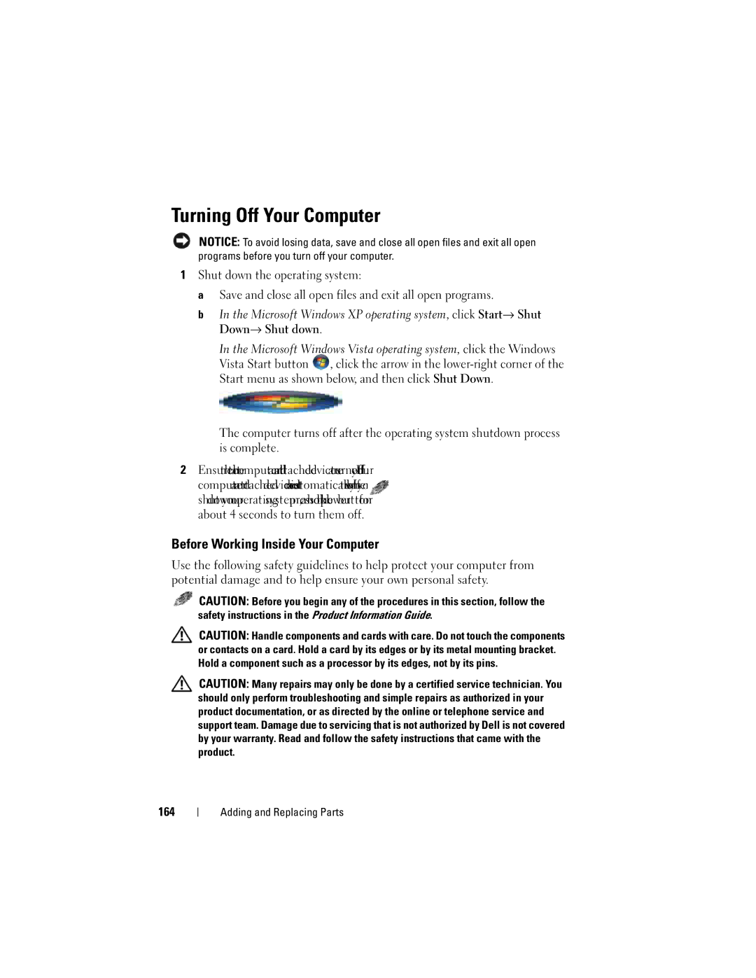 Dell PP26L owner manual Turning Off Your Computer, Before Working Inside Your Computer, 164 