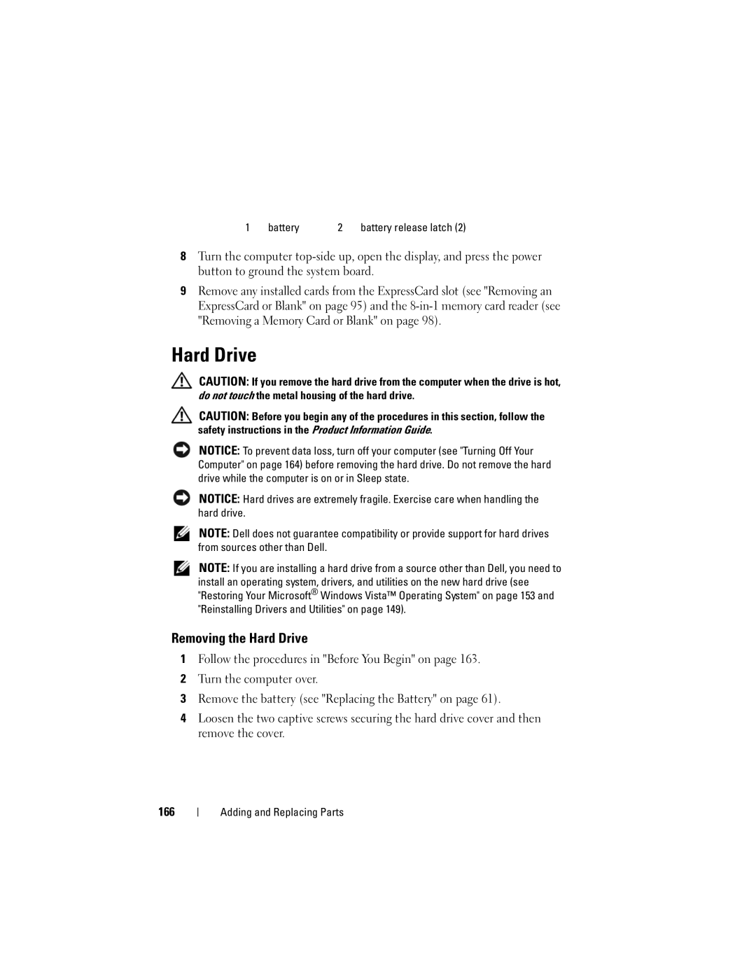 Dell PP26L owner manual Removing the Hard Drive, 166 