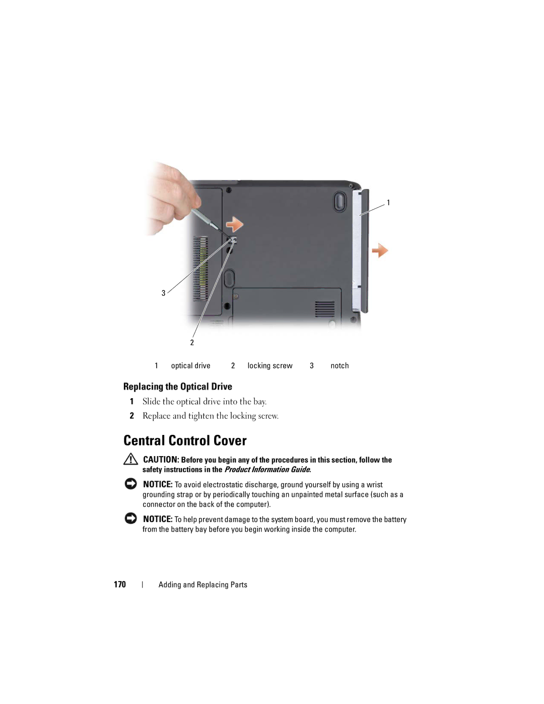 Dell PP26L owner manual Central Control Cover, Replacing the Optical Drive, 170 