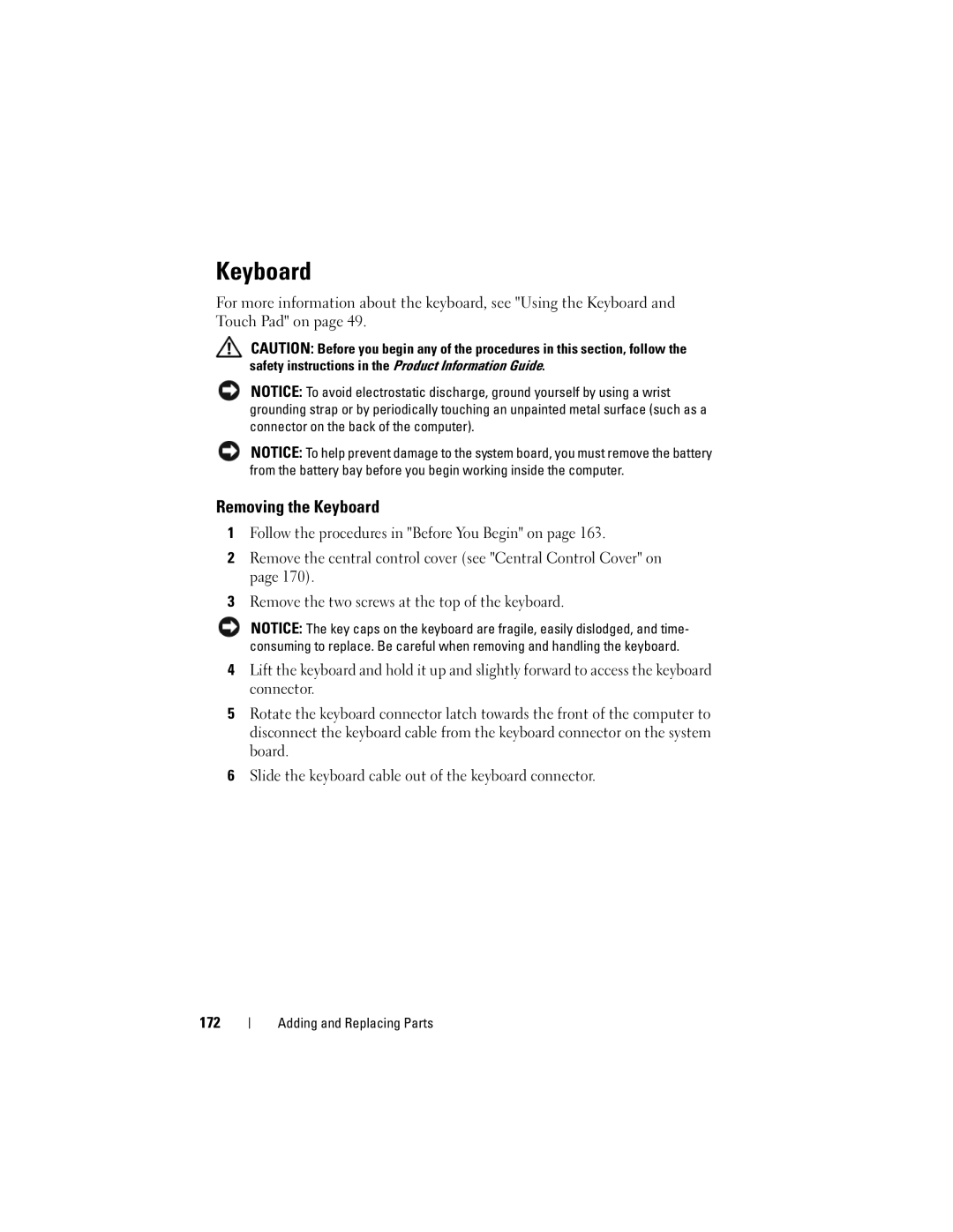 Dell PP26L owner manual Removing the Keyboard, 172 