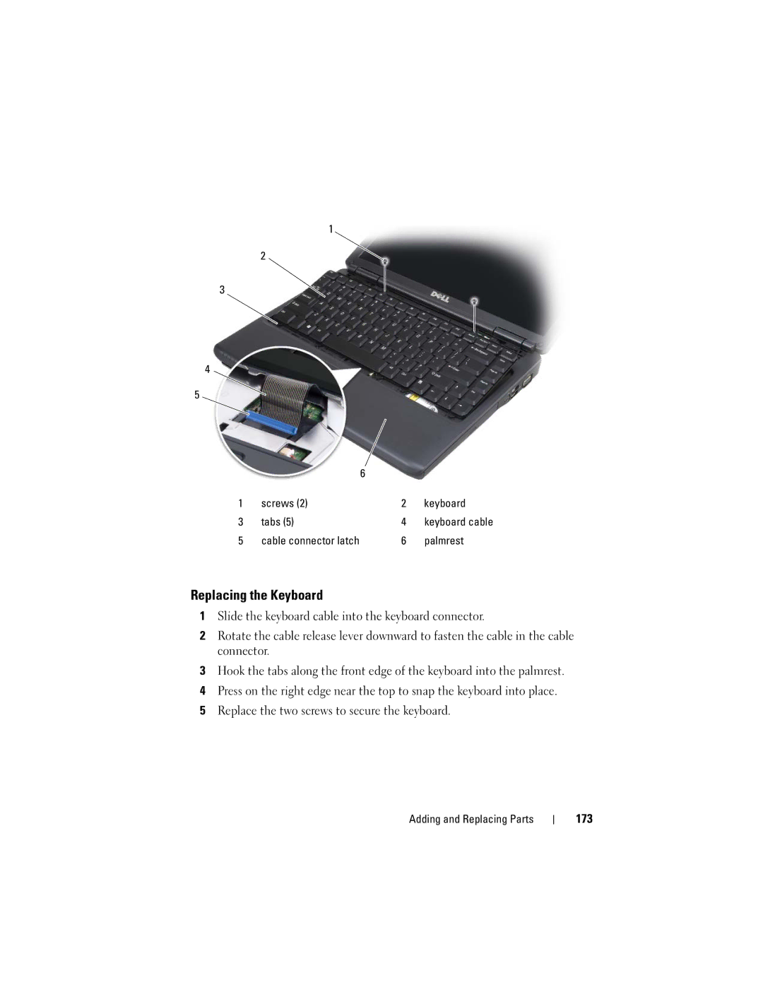 Dell PP26L owner manual Replacing the Keyboard, 173 