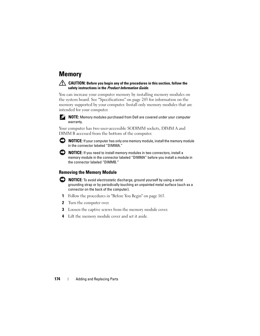 Dell PP26L owner manual Removing the Memory Module, 174 