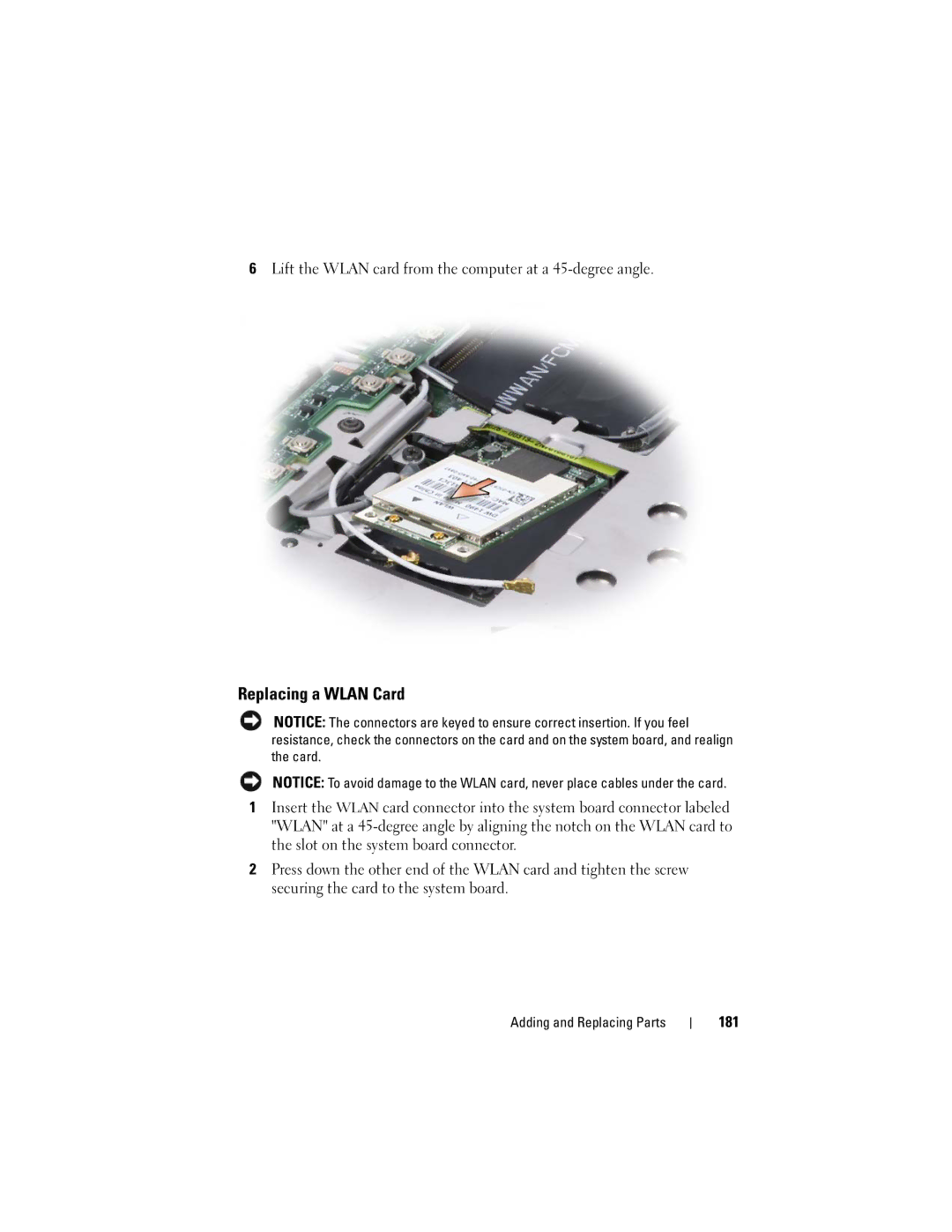 Dell PP26L owner manual Replacing a Wlan Card, 181 