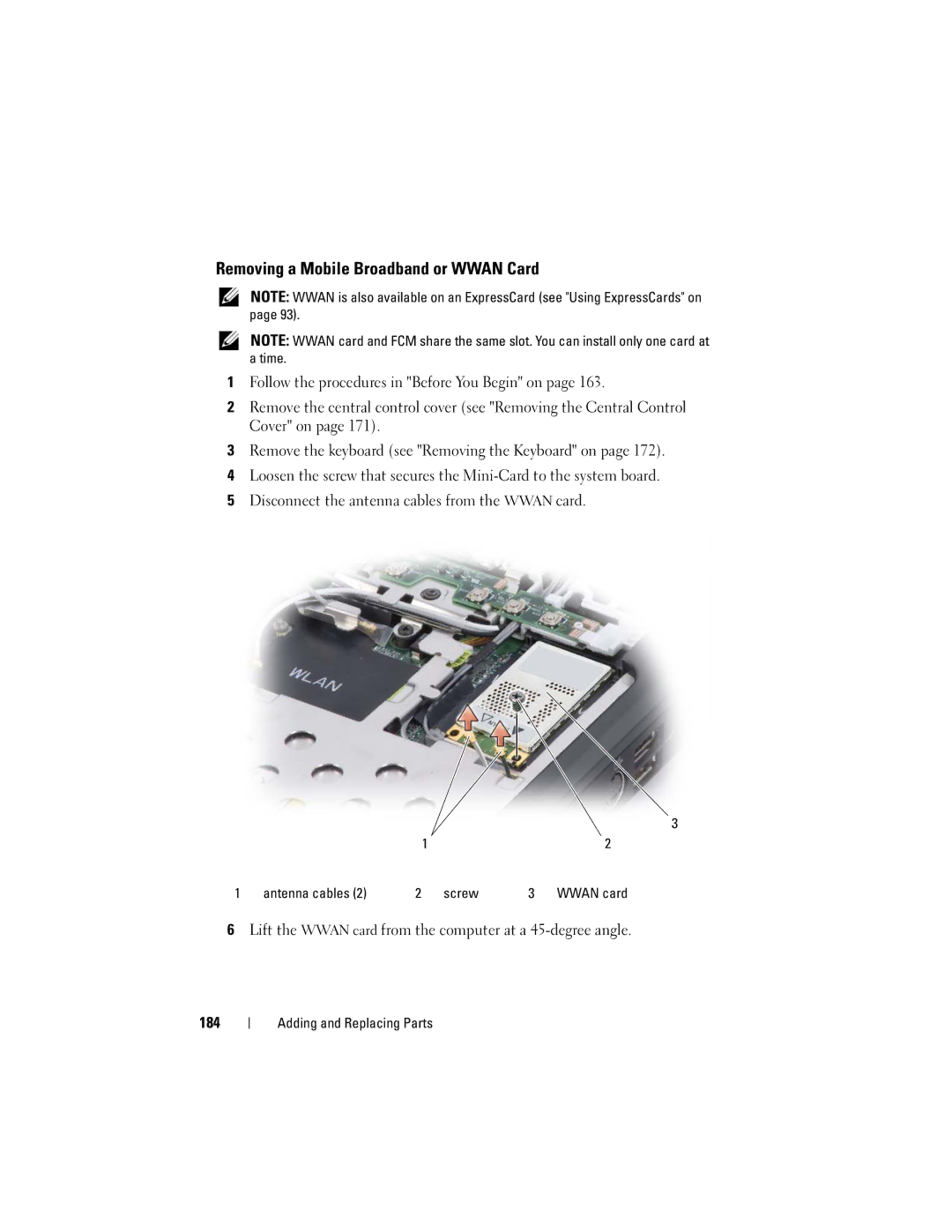 Dell PP26L owner manual Removing a Mobile Broadband or Wwan Card, 184 