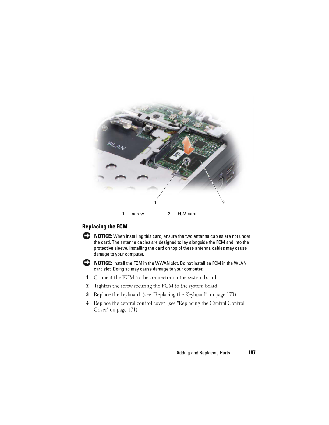 Dell PP26L owner manual Replacing the FCM, 187 