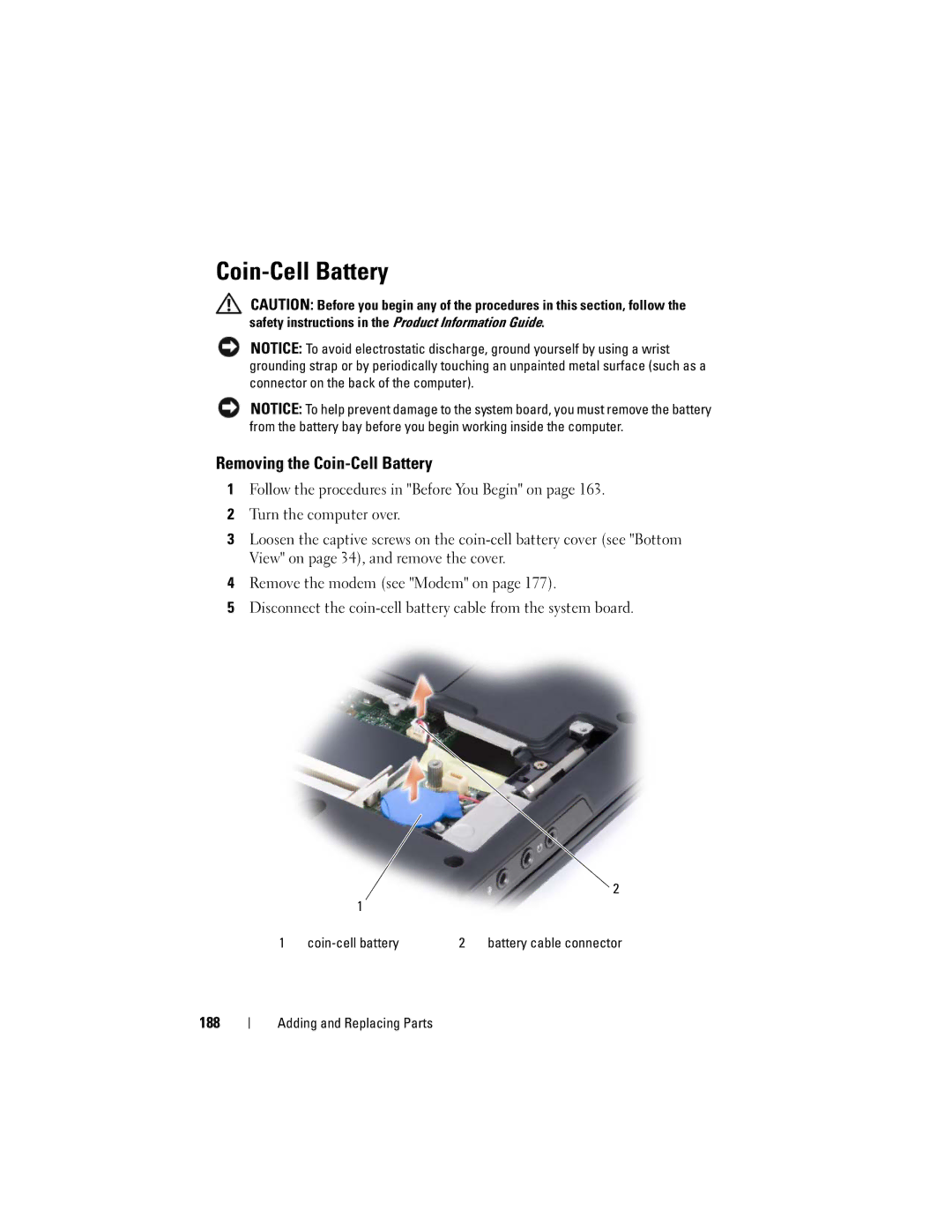 Dell PP26L owner manual Removing the Coin-Cell Battery, 188 