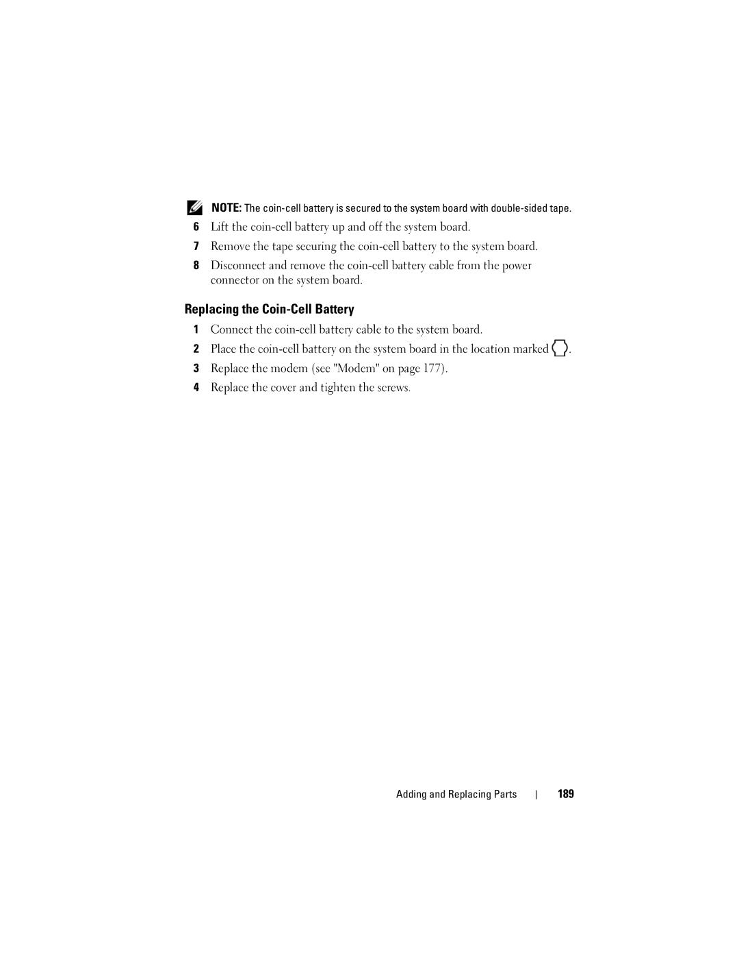 Dell PP26L owner manual Replacing the Coin-Cell Battery, 189 