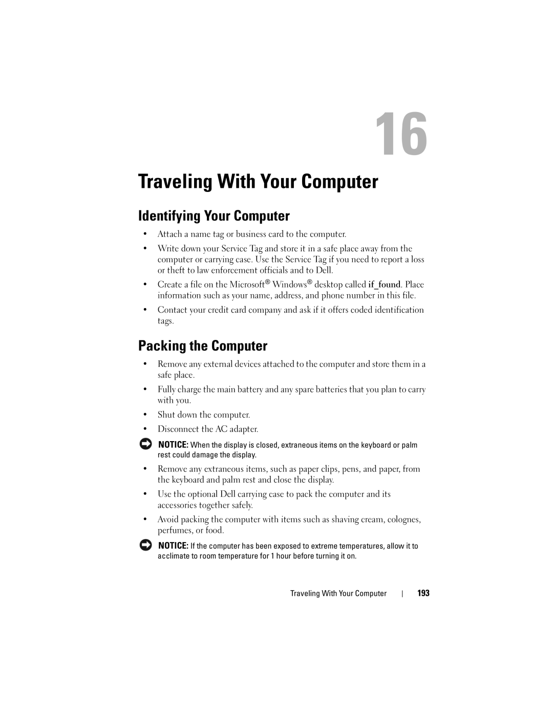 Dell PP26L owner manual Traveling With Your Computer, Identifying Your Computer, Packing the Computer, 193 