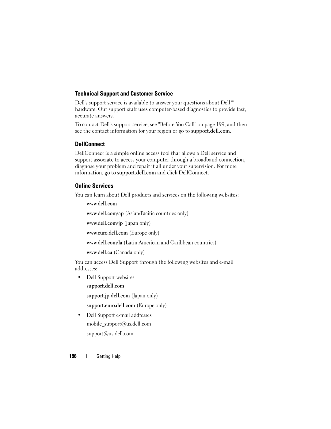 Dell PP26L owner manual Technical Support and Customer Service, DellConnect Online Services, 196 