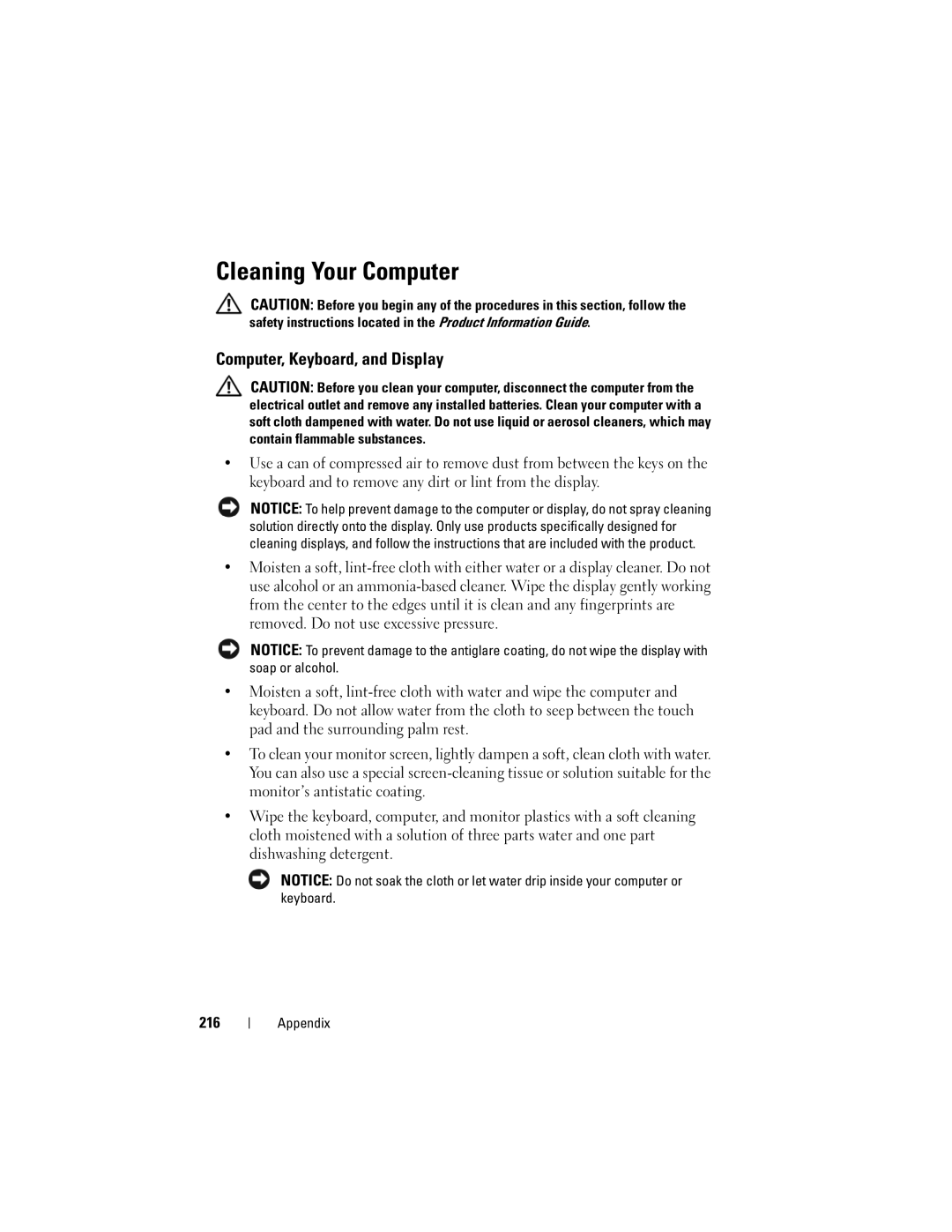 Dell PP26L owner manual Cleaning Your Computer, Computer, Keyboard, and Display, 216 