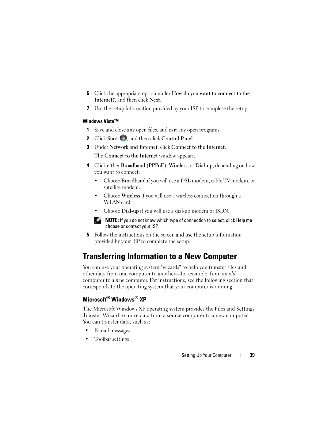 Dell PP26L owner manual Transferring Information to a New Computer, Microsoft Windows XP, Windows Vista 