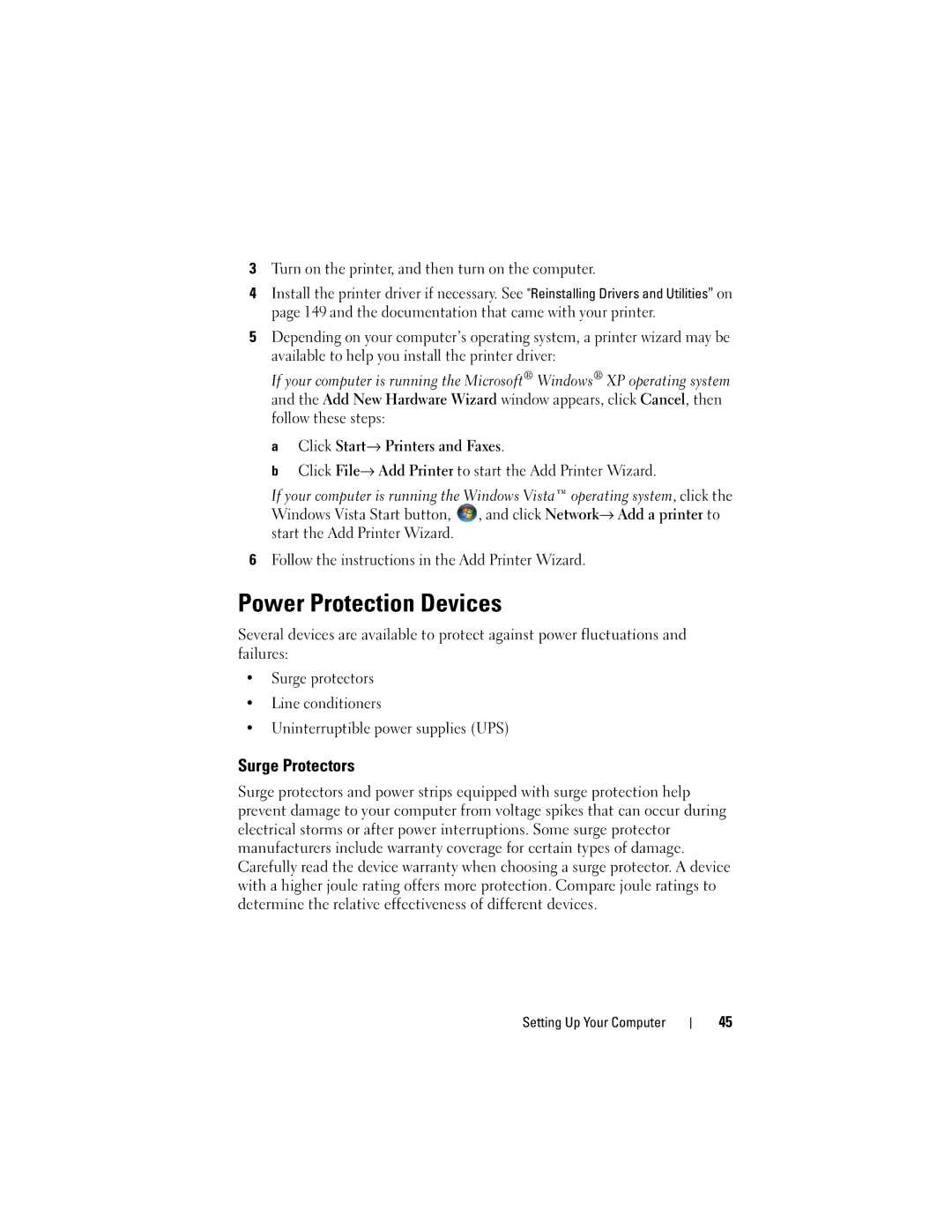 Dell PP26L owner manual Power Protection Devices, Surge Protectors, Click Start→ Printers and Faxes 