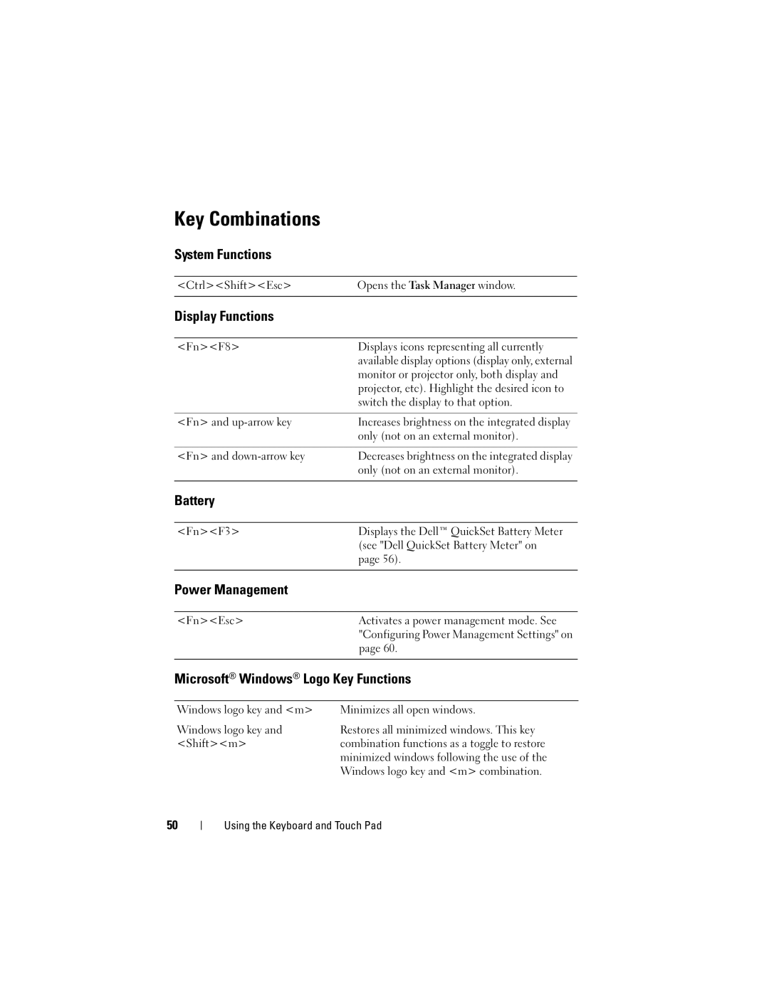 Dell PP26L owner manual Key Combinations 