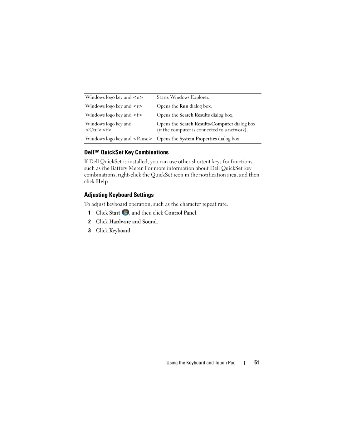 Dell PP26L Dell QuickSet Key Combinations, Adjusting Keyboard Settings, Click Hardware and Sound Click Keyboard 