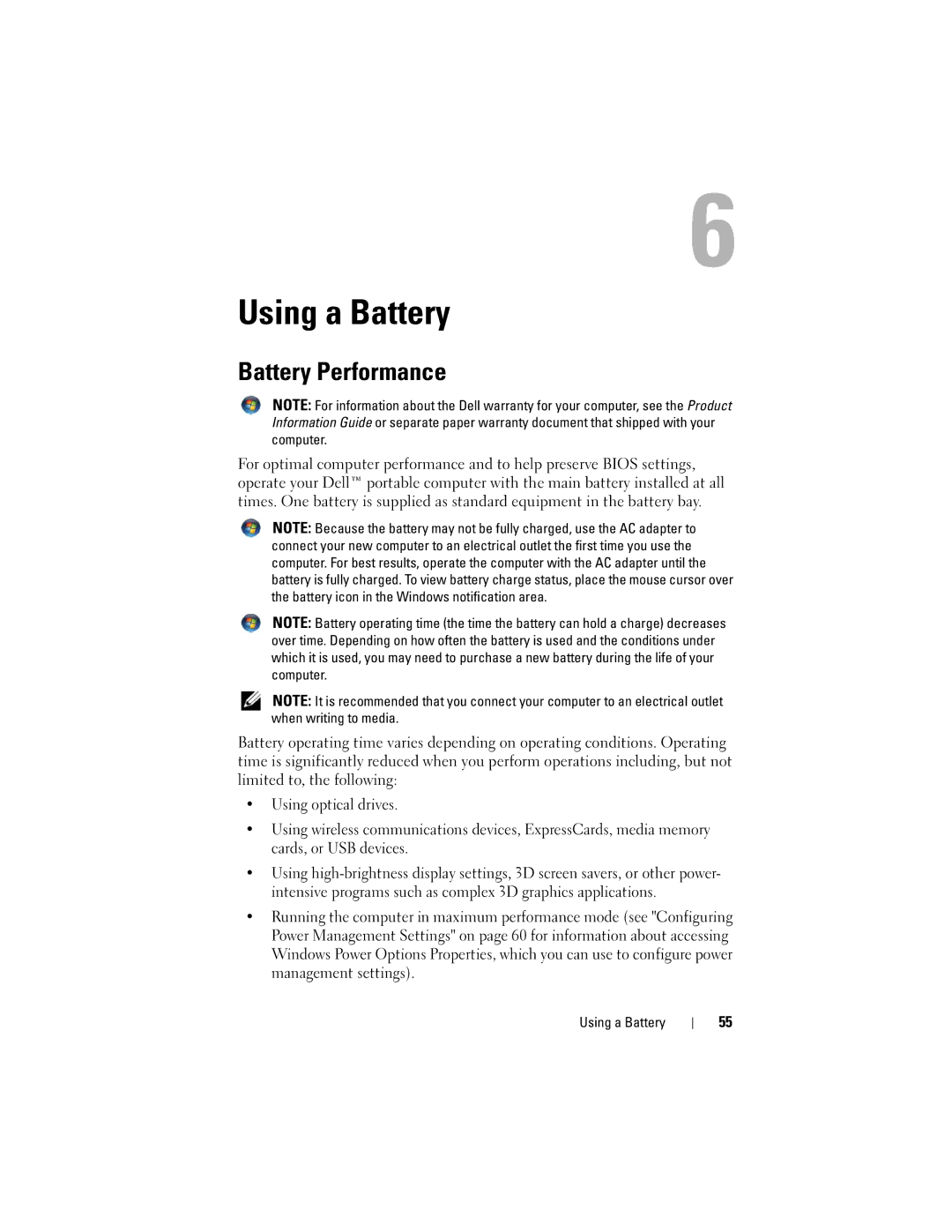 Dell PP26L owner manual Using a Battery, Battery Performance 