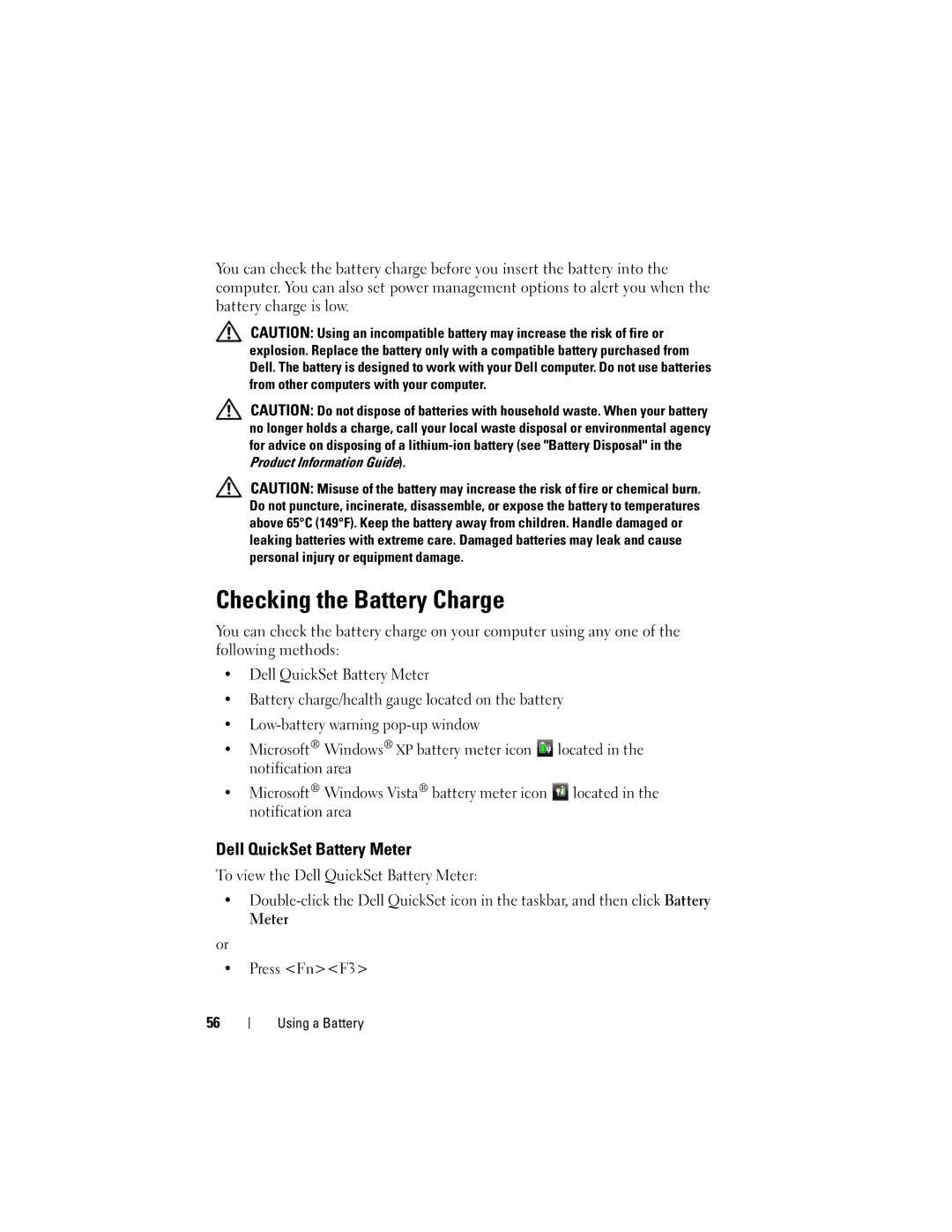 Dell PP26L owner manual Checking the Battery Charge, Dell QuickSet Battery Meter 