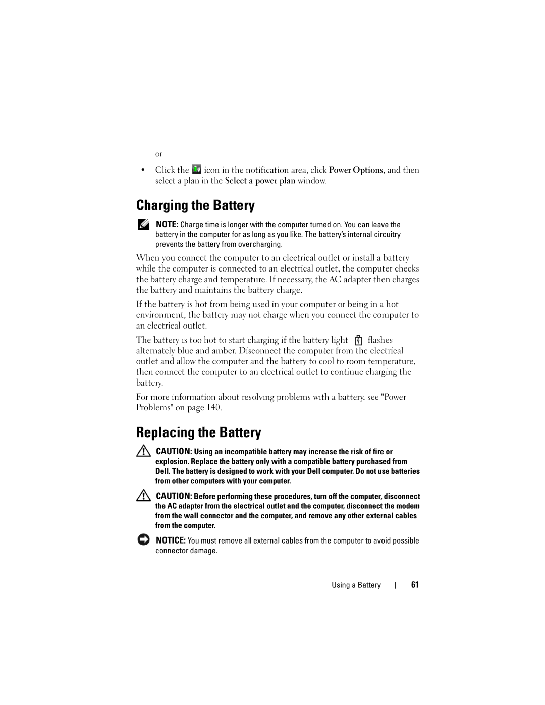 Dell PP26L owner manual Charging the Battery, Replacing the Battery 