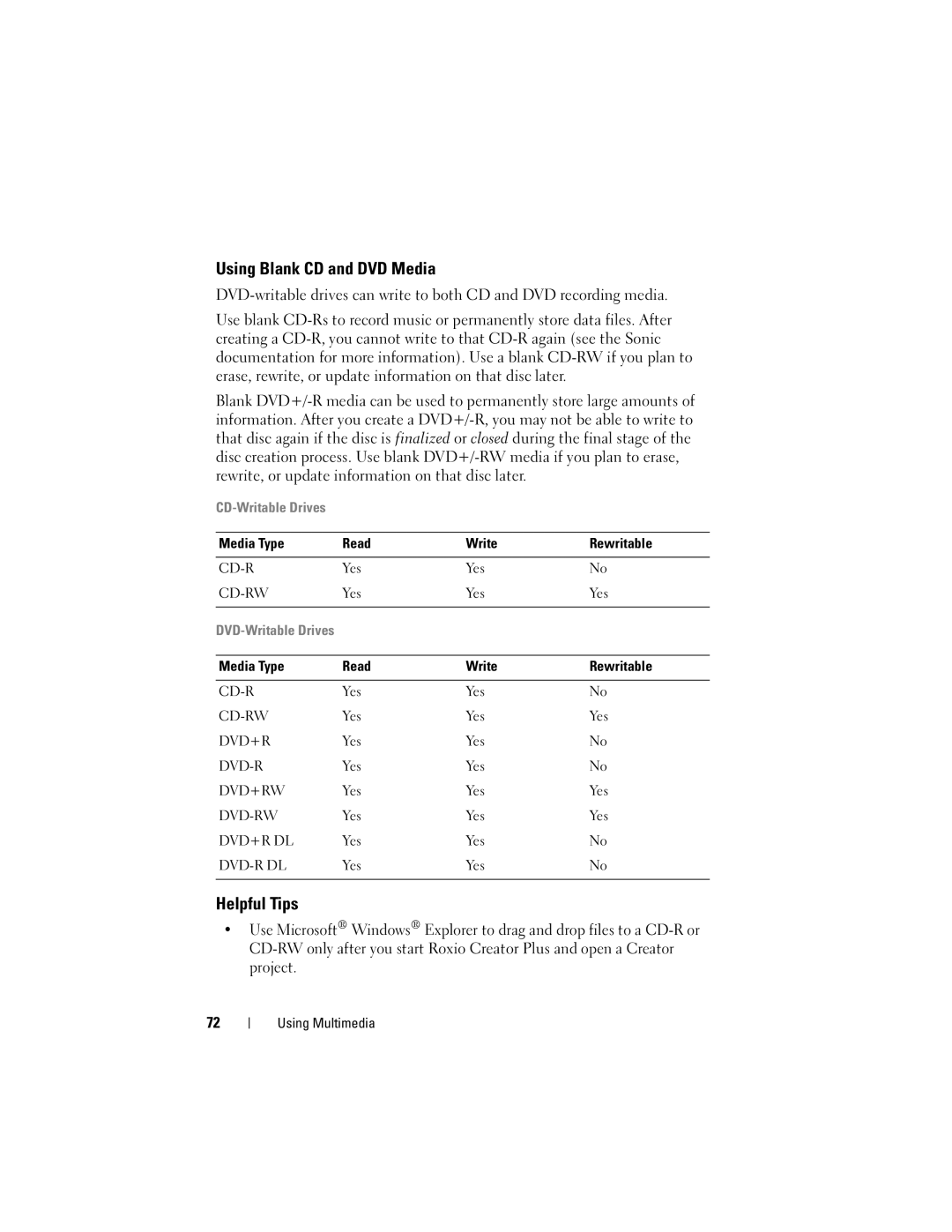 Dell PP26L owner manual Using Blank CD and DVD Media, Helpful Tips 