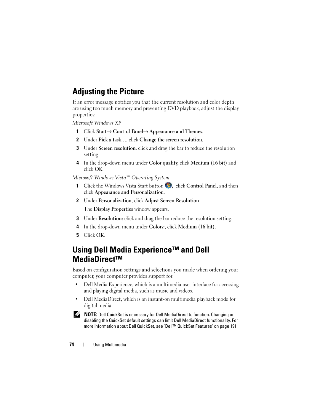 Dell PP26L owner manual Adjusting the Picture, Using Dell Media Experience and Dell MediaDirect 