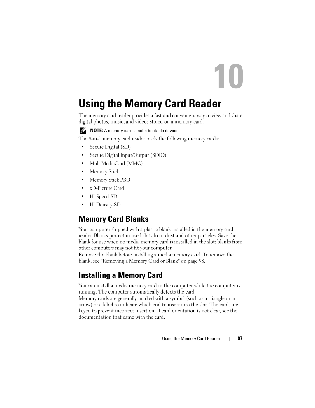 Dell PP26L owner manual Using the Memory Card Reader, Memory Card Blanks, Installing a Memory Card 