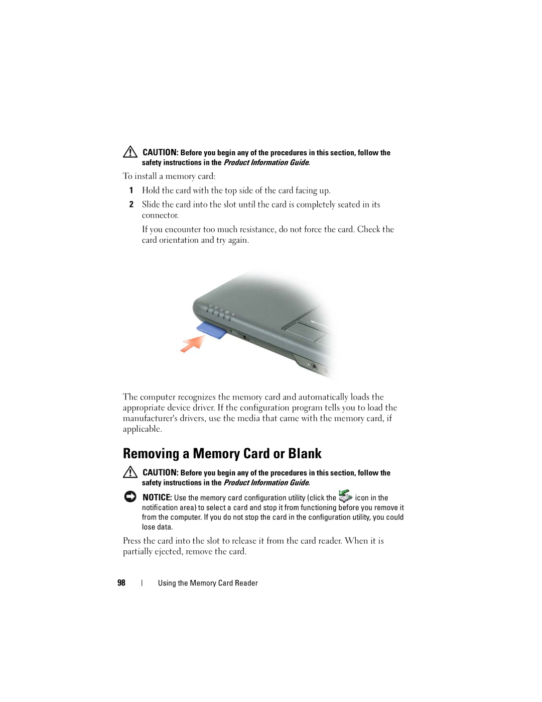 Dell PP26L owner manual Removing a Memory Card or Blank 