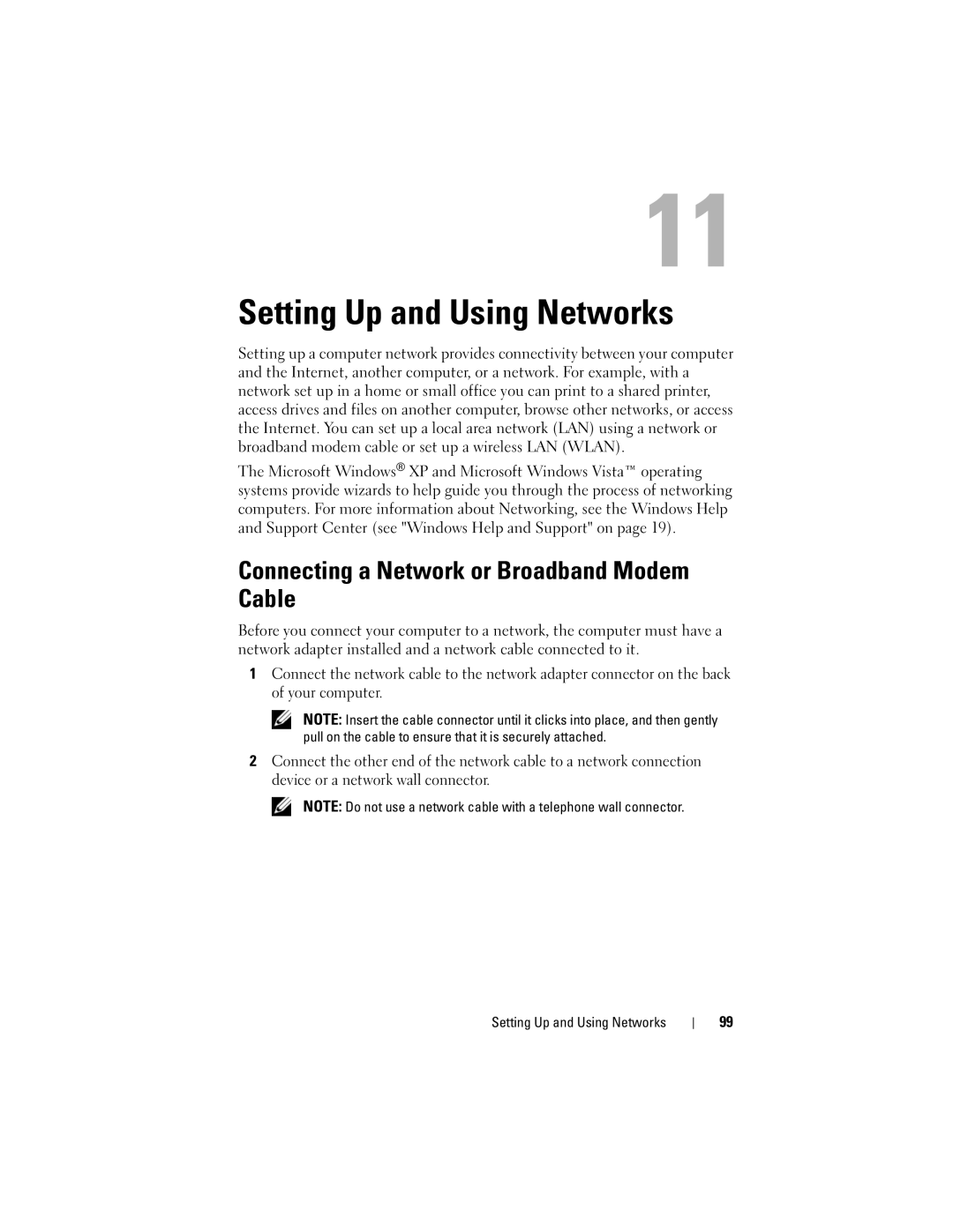 Dell PP26L owner manual Setting Up and Using Networks, Connecting a Network or Broadband Modem Cable 