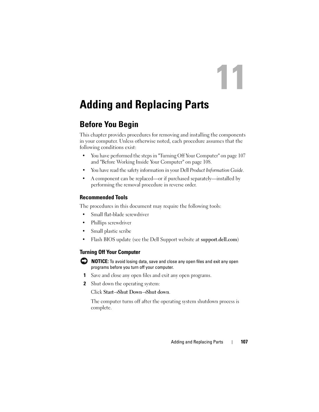 Dell PP29L owner manual Adding and Replacing Parts, Before You Begin, Recommended Tools, Turning Off Your Computer 