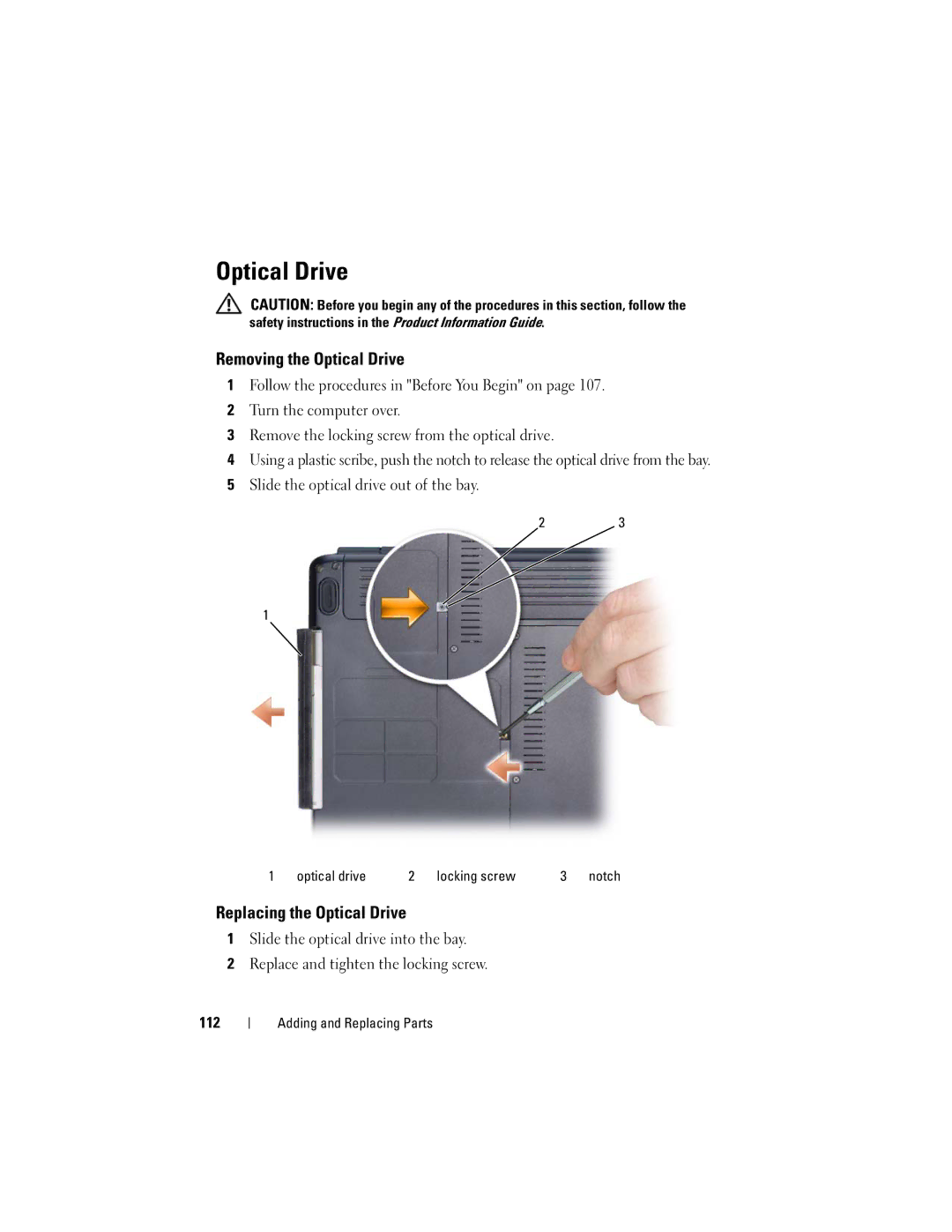 Dell PP29L owner manual Removing the Optical Drive, Replacing the Optical Drive, Optical drive Locking screw 