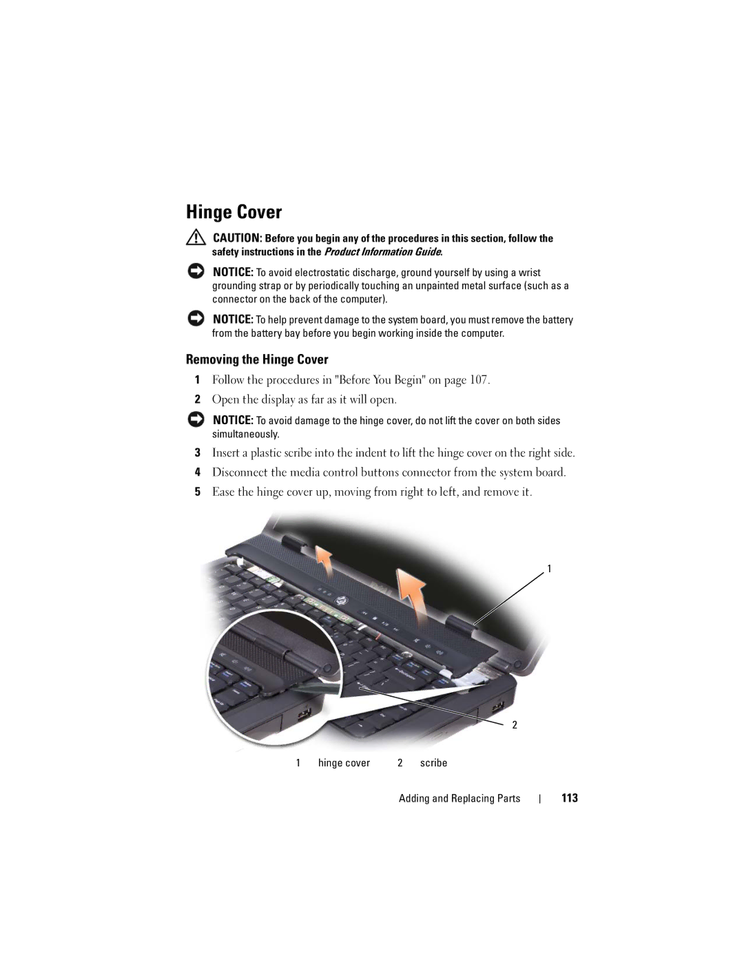 Dell PP29L owner manual Removing the Hinge Cover, 113, Hinge cover 