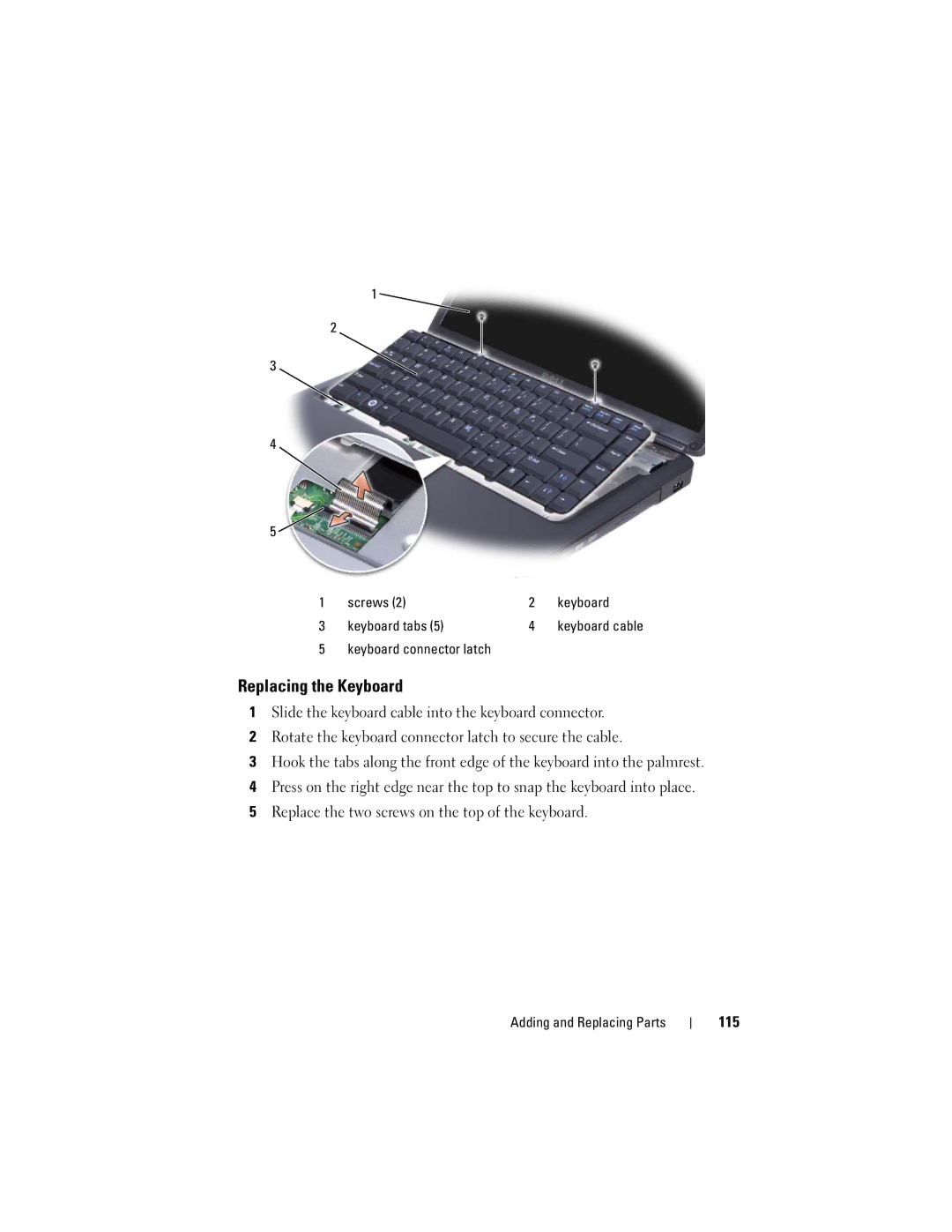 Dell PP29L owner manual Replacing the Keyboard, 115, Screws Keyboard Keyboard tabs, Keyboard connector latch 