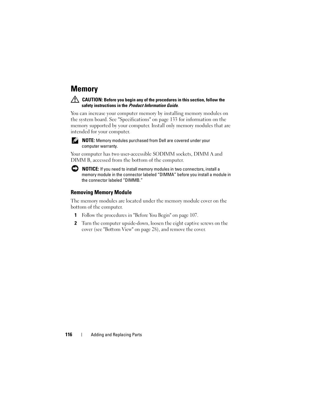 Dell PP29L owner manual Removing Memory Module, Follow the procedures in Before You Begin on, 116 