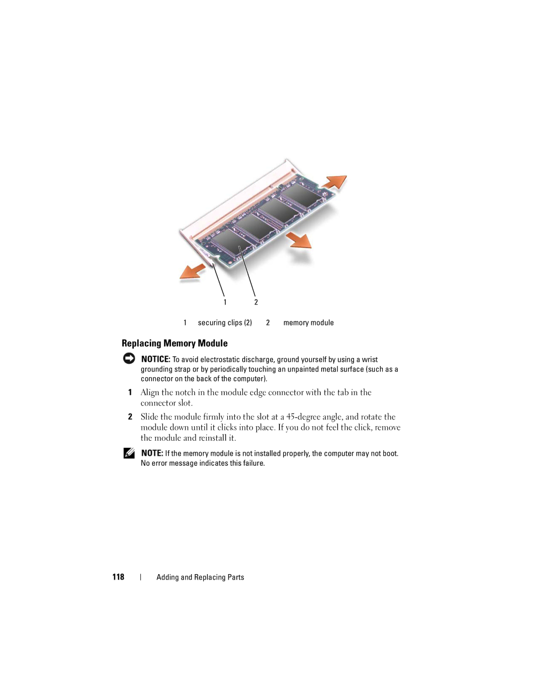 Dell PP29L owner manual Replacing Memory Module, Securing clips 