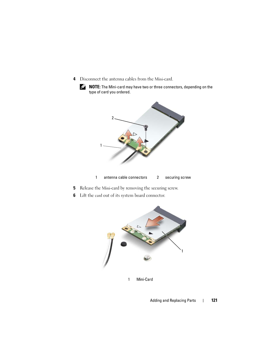 Dell PP29L owner manual Disconnect the antenna cables from the Mini-card, 121, Mini-Card Adding and Replacing Parts 