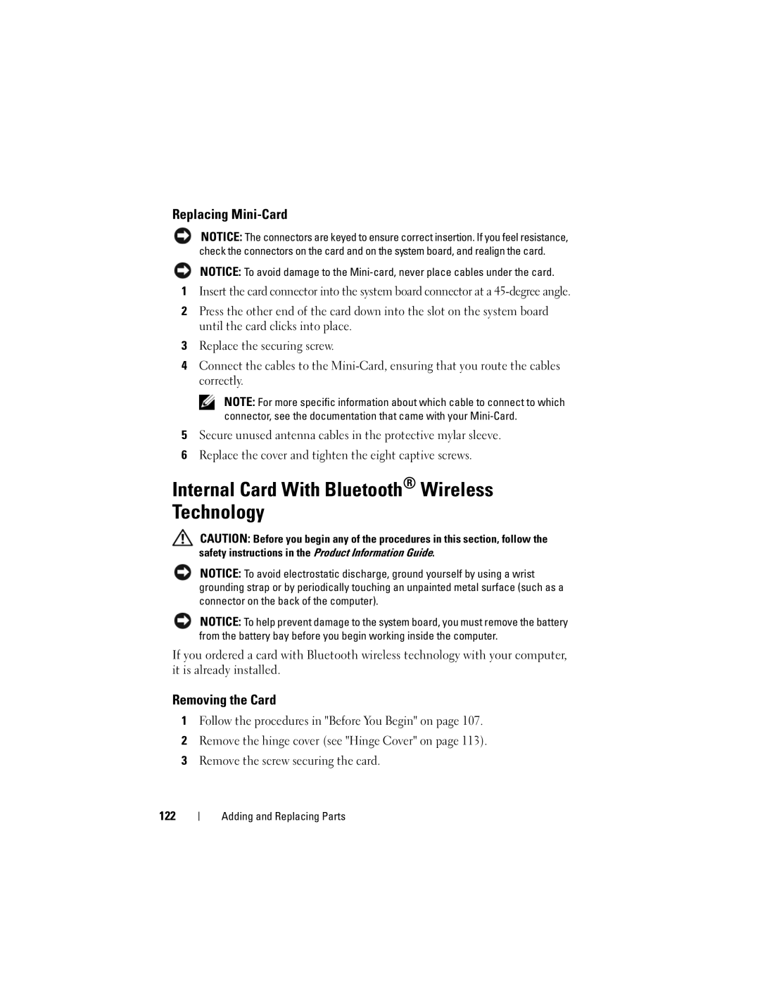 Dell PP29L owner manual Internal Card With Bluetooth Wireless Technology, Replacing Mini-Card, Removing the Card 