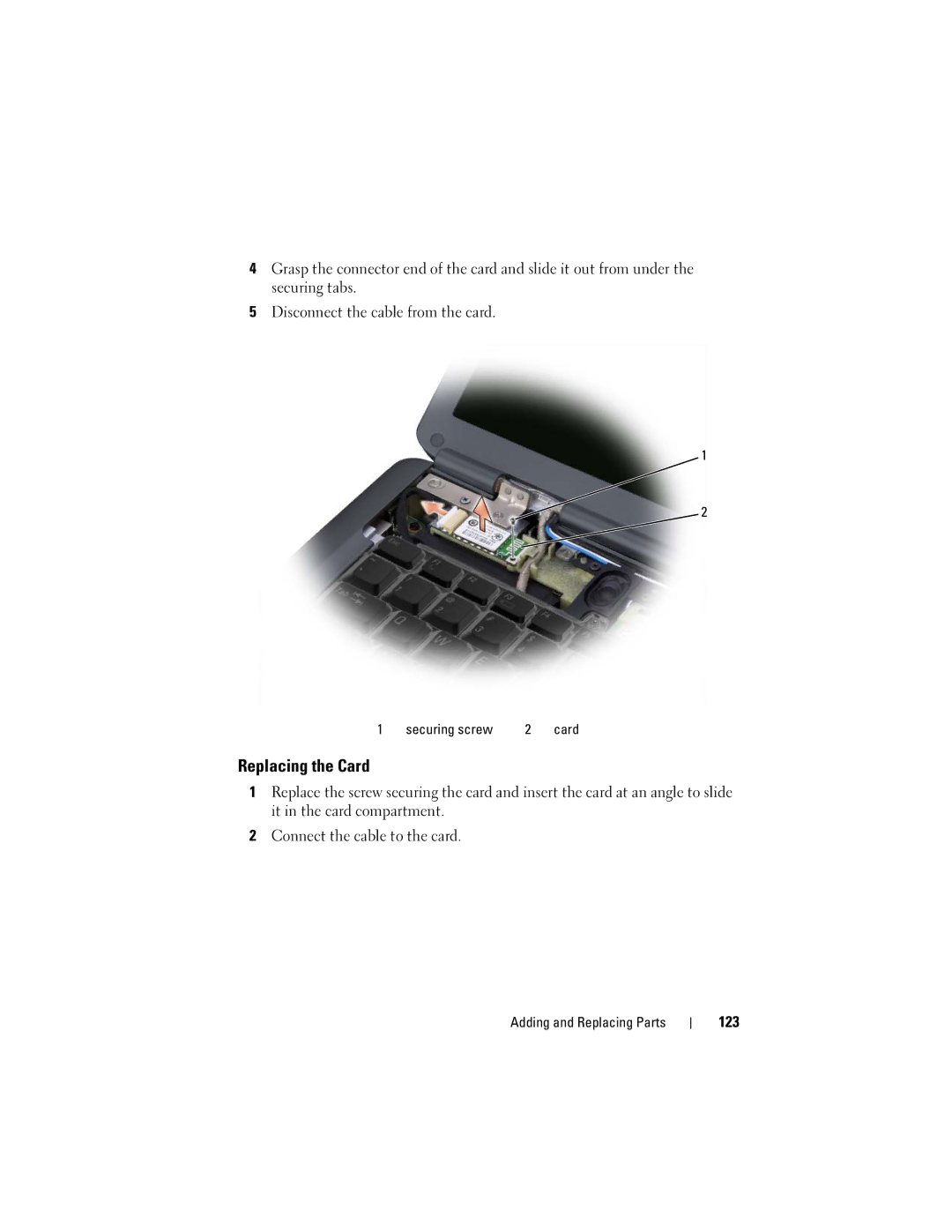 Dell PP29L owner manual Replacing the Card, 123, Securing screw 