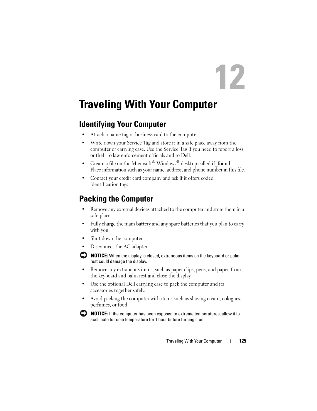 Dell PP29L owner manual Traveling With Your Computer, Identifying Your Computer, Packing the Computer, 125 