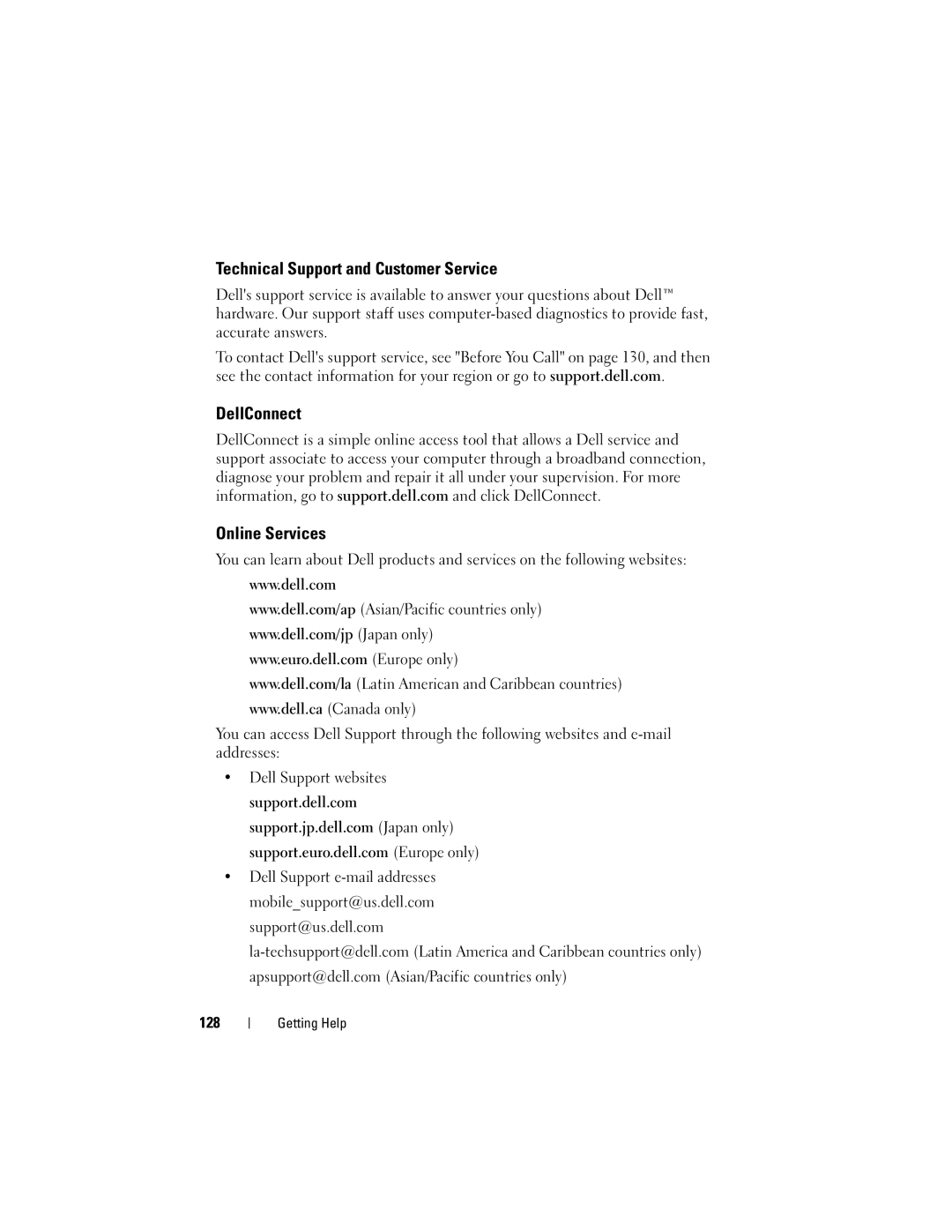 Dell PP29L owner manual Technical Support and Customer Service, DellConnect Online Services, 128 