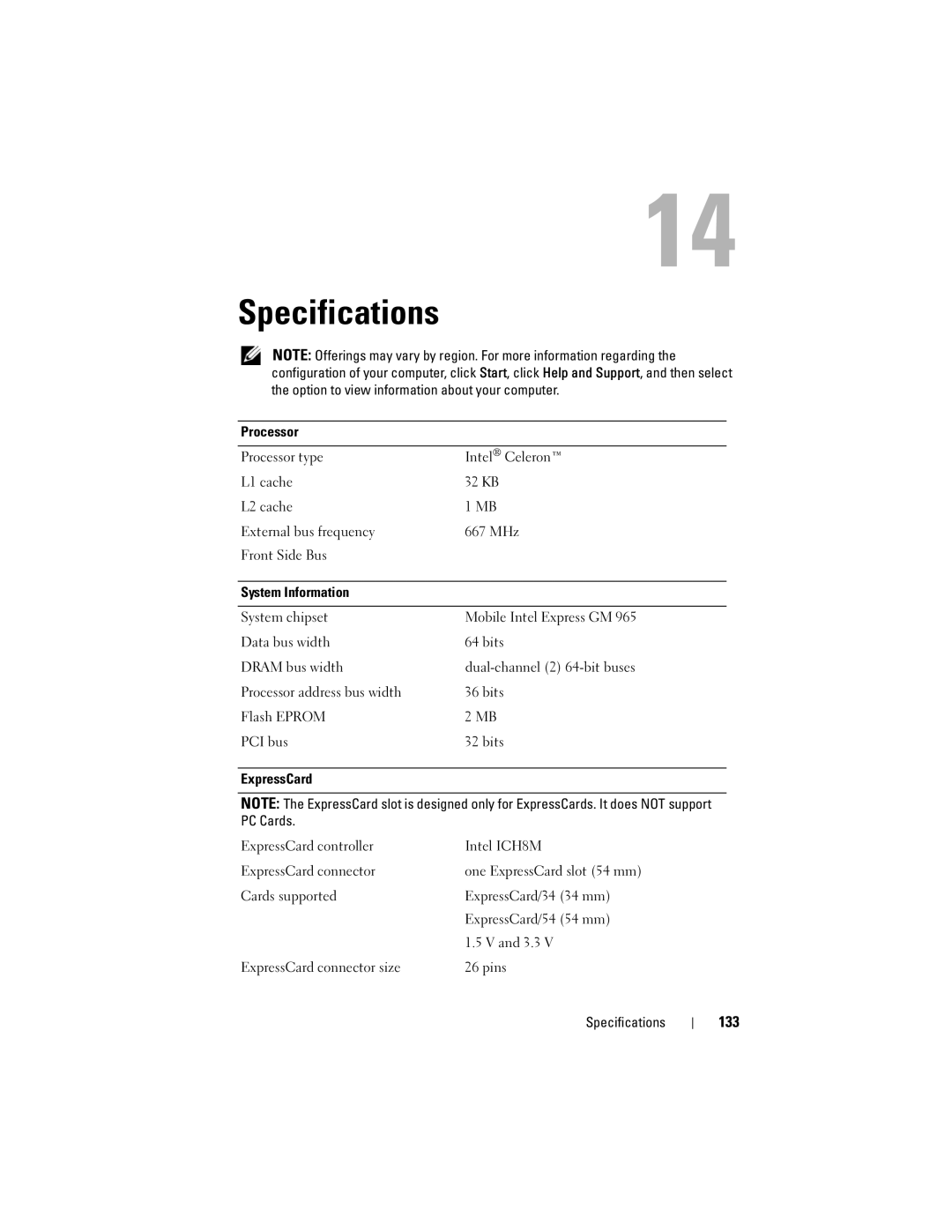 Dell PP29L owner manual Specifications, 133 