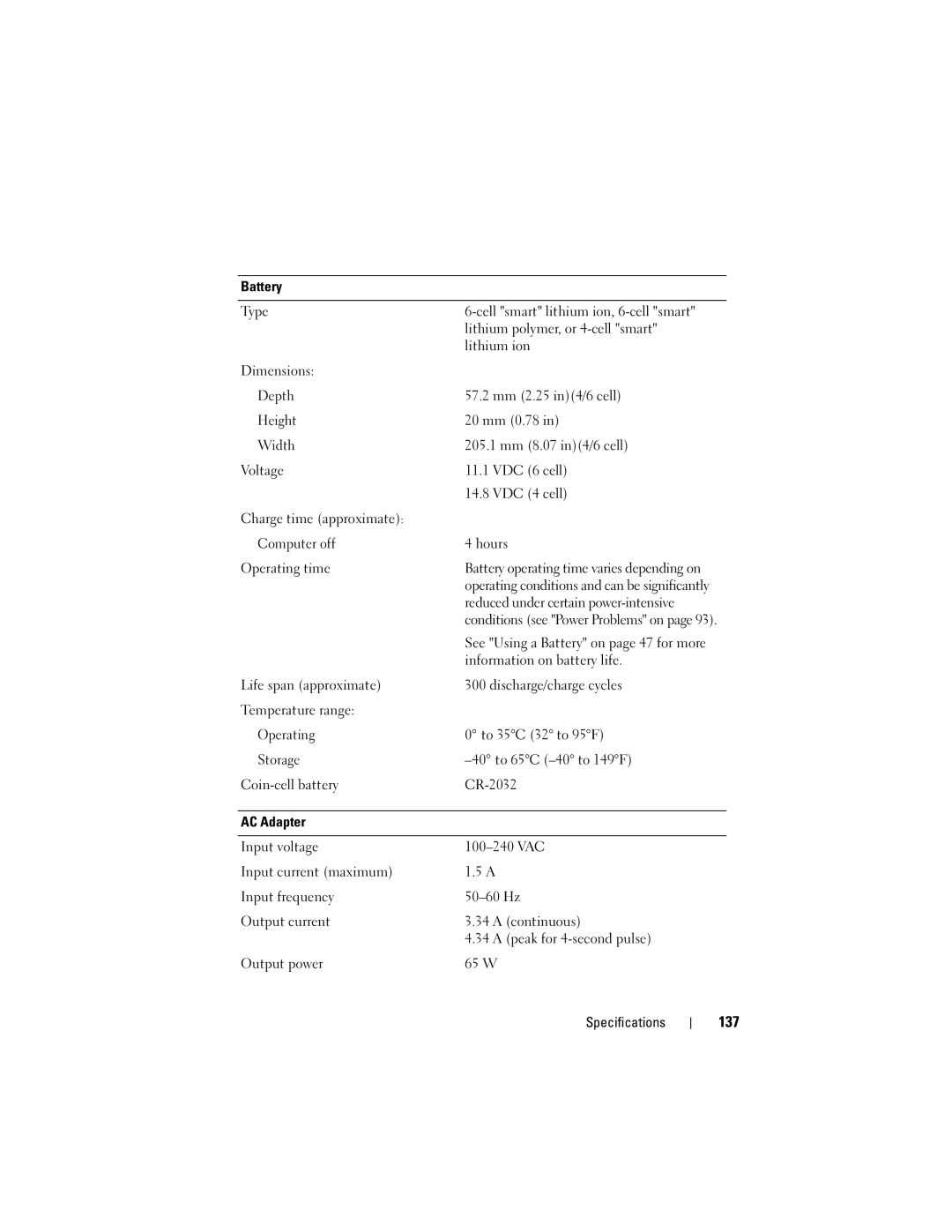 Dell PP29L owner manual 137, Reduced under certain power-intensive, Information on battery life 