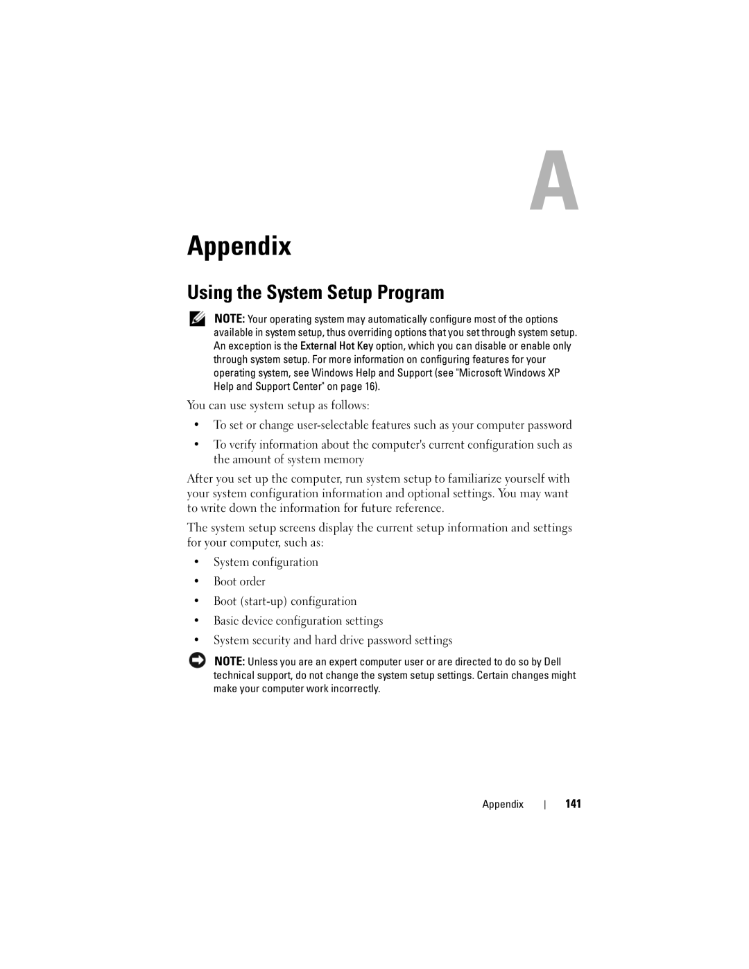 Dell PP29L owner manual Appendix, Using the System Setup Program, 141 