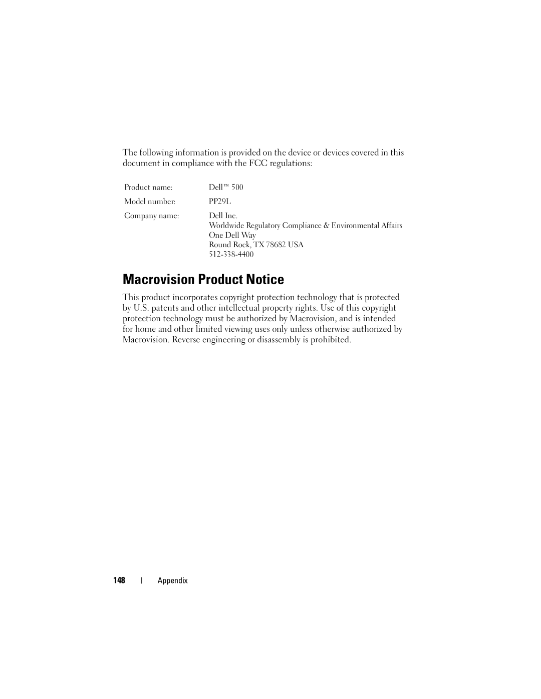 Dell PP29L owner manual Macrovision Product Notice, 148 