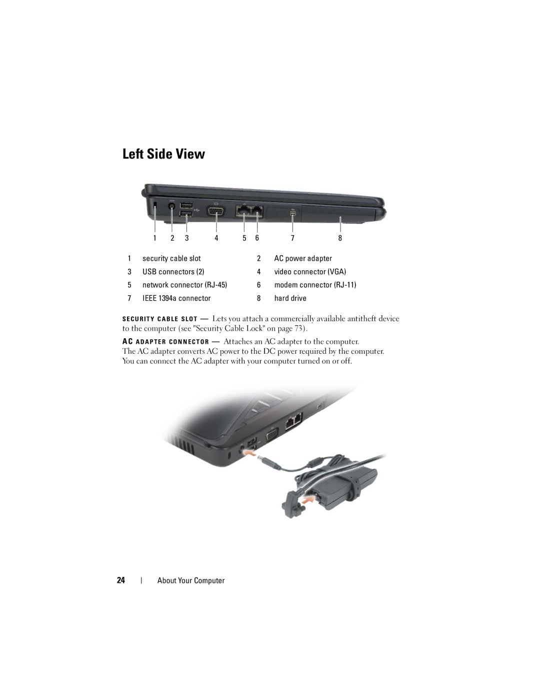 Dell PP29L owner manual Left Side View, Security cable slot, USB connectors Video connector VGA, Hard drive 