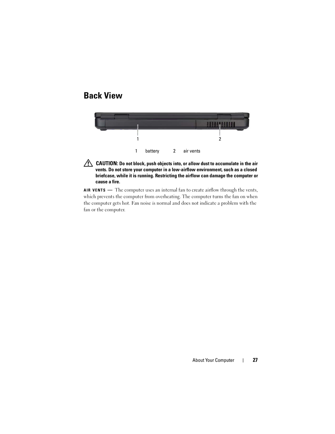 Dell PP29L owner manual Back View, Battery Air vents 