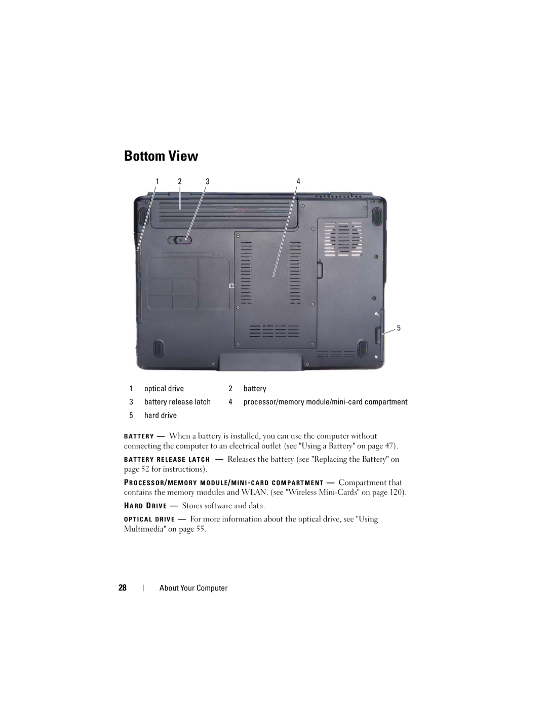 Dell PP29L owner manual Bottom View, Optical drive Battery Battery release latch 